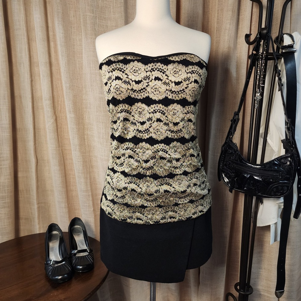 Vintage Y2K Libian Black Gold Lace Tube Top Strapless Gothic Glam